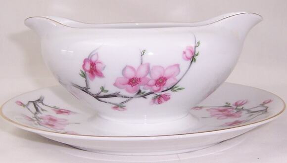 Diamond China Other - VTG Diamond China Cherry Blossom Gravy Boat Attached Underplate Midcentury